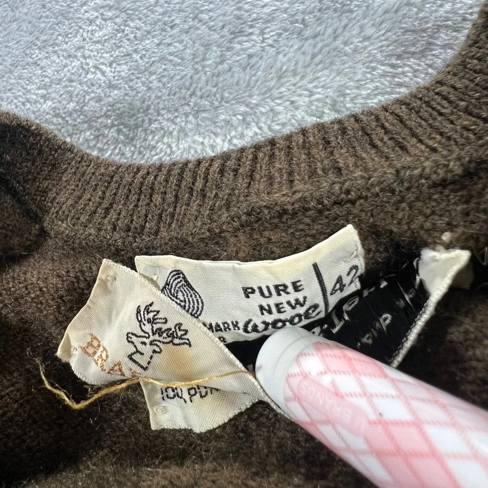 BRAEMER Phelps-Terkel V-Neck Sweater Mens XL Brown Lambswool Vintage Scotland‎